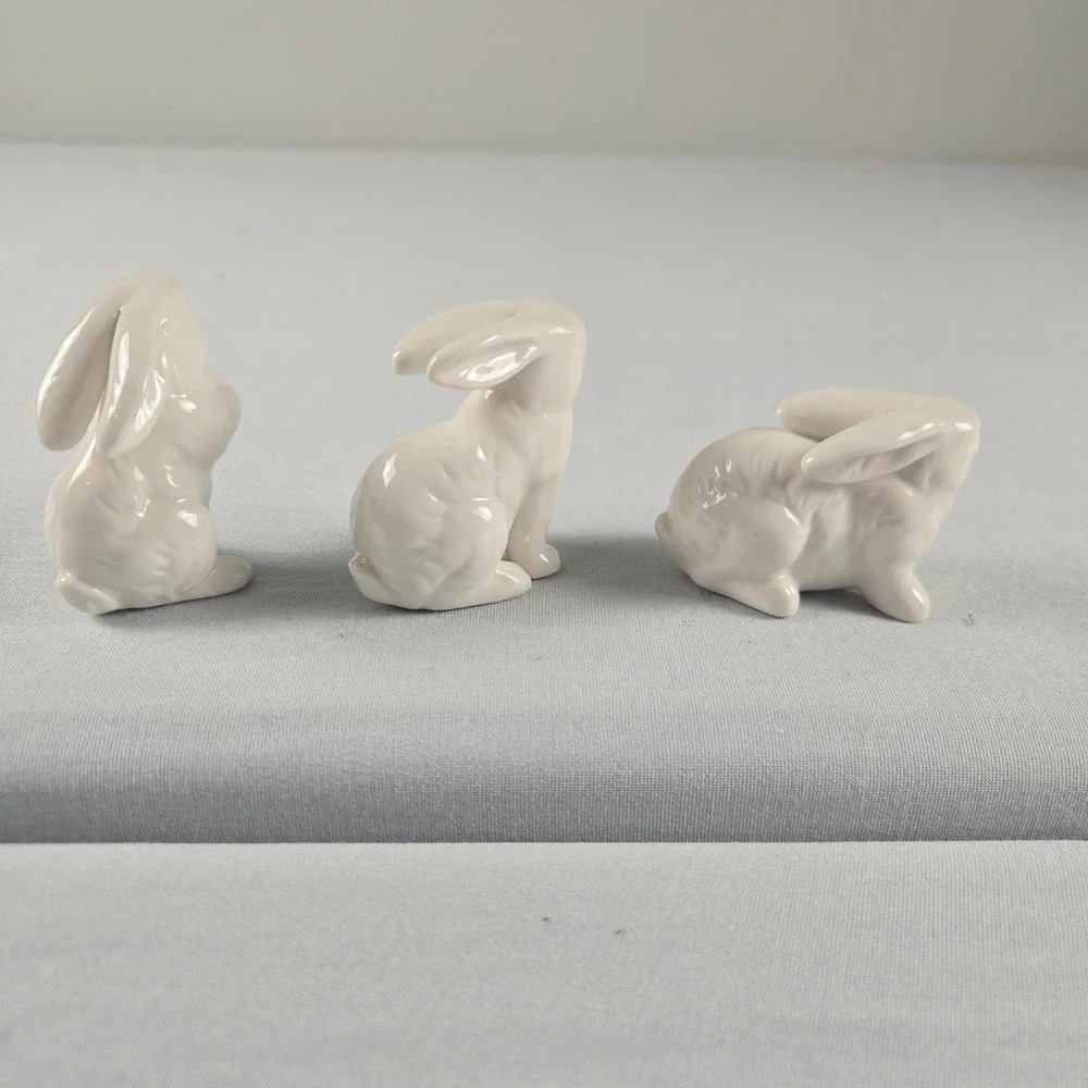 White Ceramic Bunny Rabbit Figurines Set of 3 Easter Spring Cottage Decor